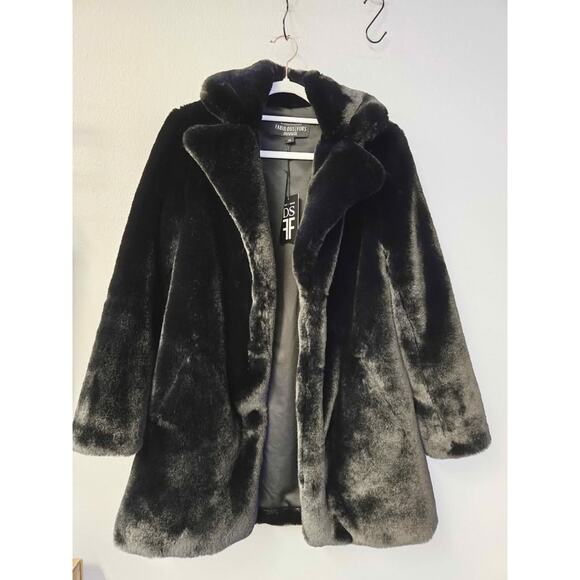 LUXE NWT Donna Salyers Fabulous-Furs Black Faux Fur Coat Jacket XS Warm Elegant - Picture 1 of 7